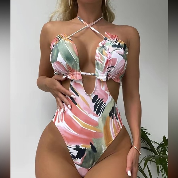 Painting Abstract Floral Side Cut-Out One-Piece Swimsuit Beachwear - Picture 1 of 7